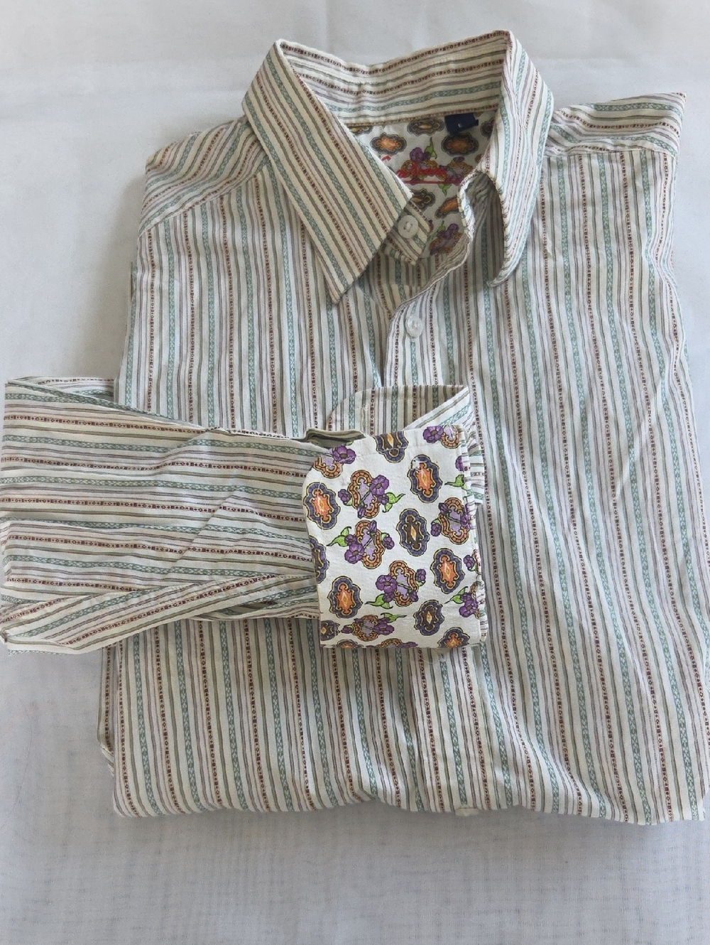 Robert Graham Cream Stripe Dress Shirt with Floral Contrast Cuff